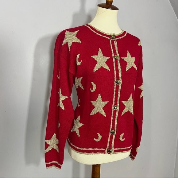 Vintage Americana Red Stars Sweater Patriotic Knit Cardigan Glitter Festive July - Picture 13 of 14